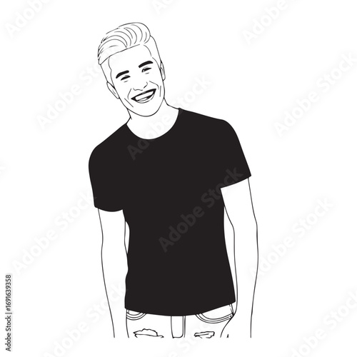 Handsome Man Black and White Illustration Vector Image Male Portrait Fashion Sketch Line Art Design	