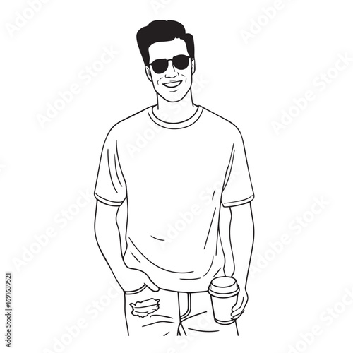 Handsome Man Black and White Illustration Vector Image Male Portrait Fashion Sketch Line Art Design	