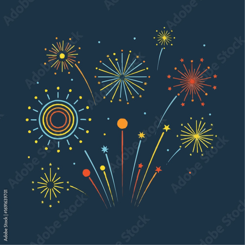 A vibrant and colorful graphic illustration of various fireworks exploding against a dark blue night sky during a celebration.