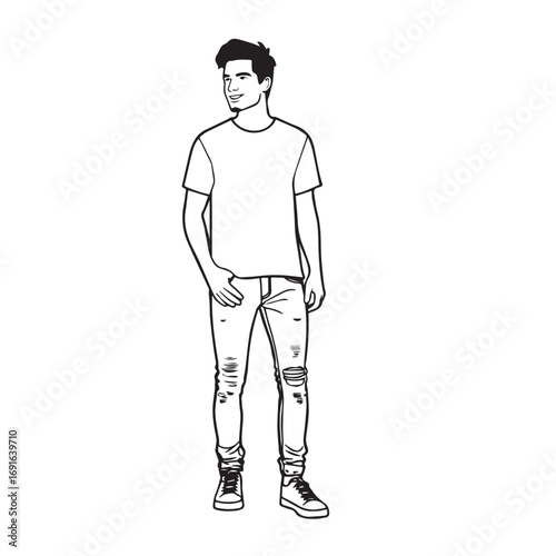Handsome Man Black and White Illustration Vector Image Male Portrait Fashion Sketch Line Art Design	