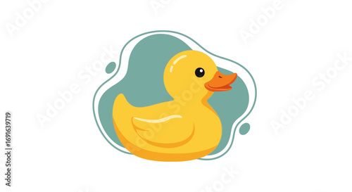 Cute Yellow Rubber Duck Illustration Floating on Abstract Blue Background, Adorable Bath Toy for Children's Fun and Playtime Adventures