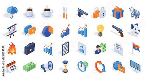 A collection of isometric icons representing various business and everyday concepts, including finance, communication, and security.