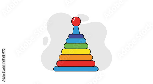 Rainbow stacking toy ring tower with a sphere on top, a classic educational game for children to develop motor skills and hand-eye coordination, promoting early learning and cognitive development