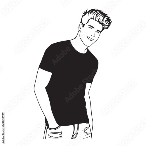 Handsome Man Black and White Illustration Vector Image Male Portrait Fashion Sketch Line Art Design	