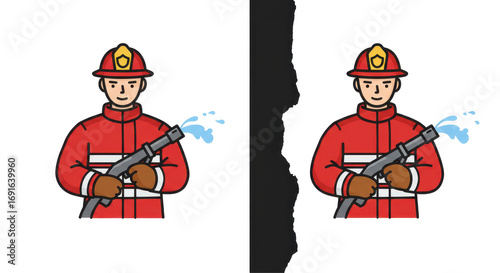 Cartoon Firefighters with Hoses Spraying Water, Wearing Red Uniforms and Helmets