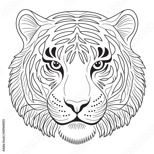Majestic Tiger Face – Black and White Line Art for Coloring Book