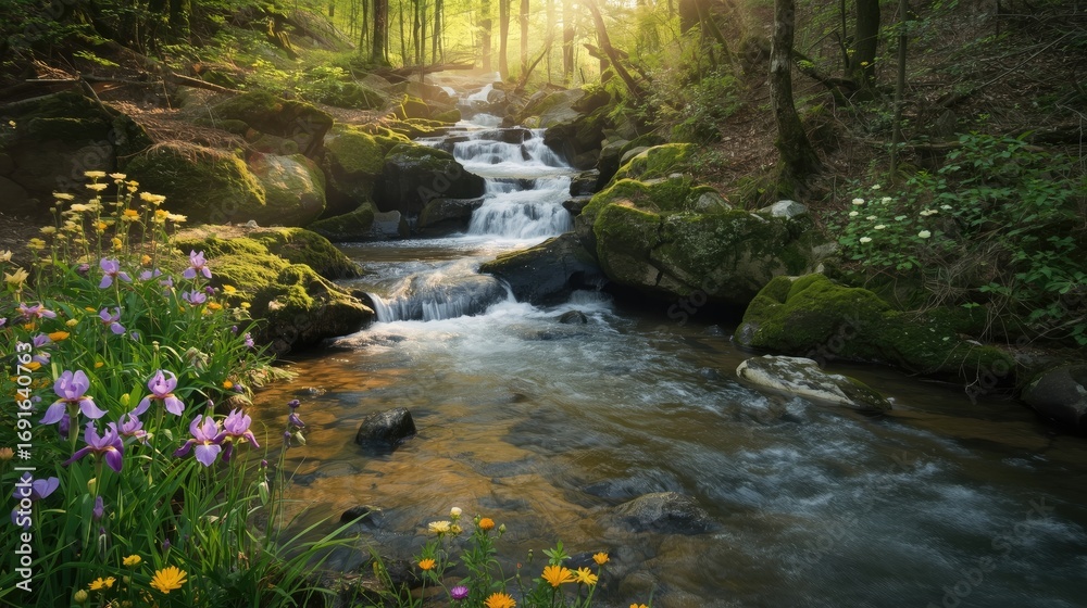 Obraz premium A tranquil forest stream winds through a mossy, rocky bed, bathed in sunlight and framed by vibrant wildflowers.