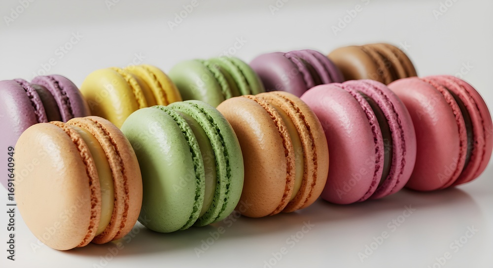 Obraz premium Colorful macarons aligned in row, elegant French patisserie, sweet dessert and gourmet confectionery.