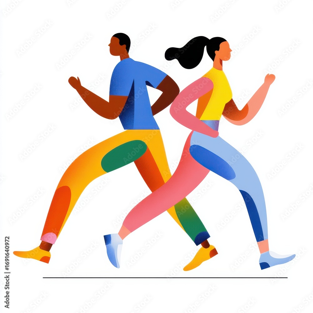 Fototapeta premium Two athletes, one male and one female, are running side by side in an abstract, colorful style. They showcase determination and energy against a bright background.
