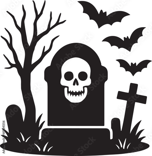 Spooky Graveyard Scene with Skull Tombstone Cross Tree & Bats Halloween Vector Illustration