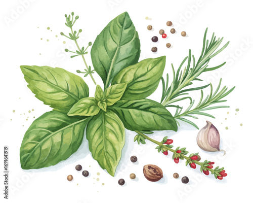 basil Watercolor herbs and spices vector illustration