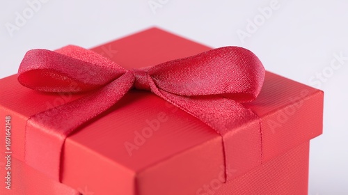Red gift box with satin ribbon bow on white surface, highlighted by studio lighting for a festive touch.