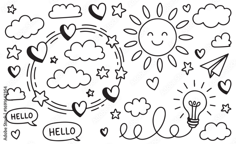 Fototapeta premium Cute Doodle Collection: Sun, Clouds, Hearts & More!