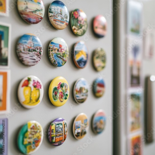 Colorful Magnets Displayed on a Wall with Scenic Views and Art