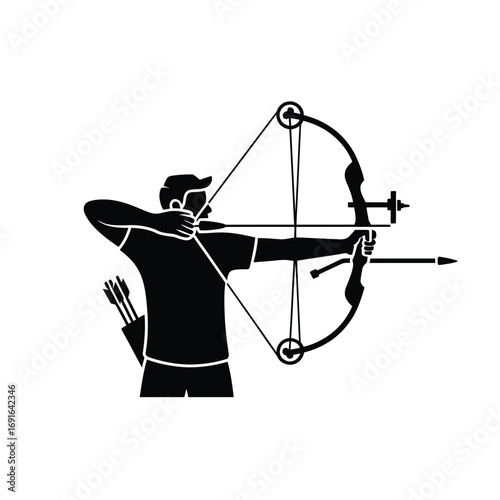 Archer aiming bow and arrow with quiver archery sport