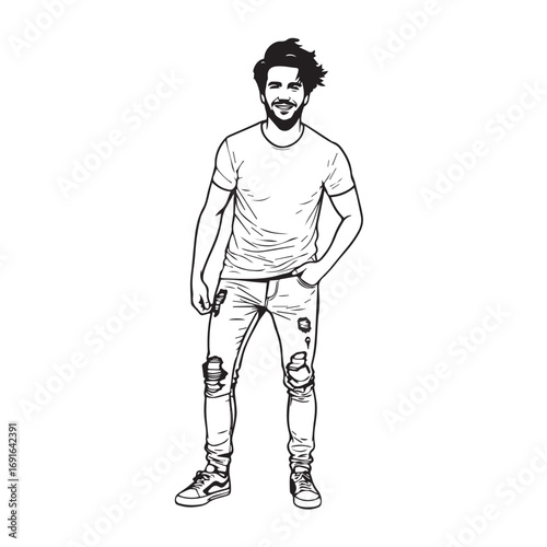 Handsome Man Black and White Illustration Vector Image Male Portrait Fashion Sketch Line Art Design	