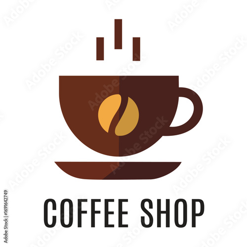 A coffee shop logo featuring a steaming coffee cup with a coffee bean