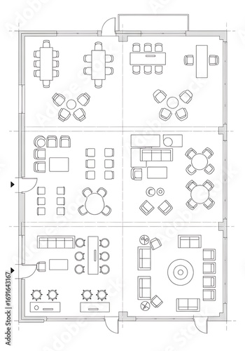 Detailed floor plan of a modern office space, showcasing various meeting areas and common zones.