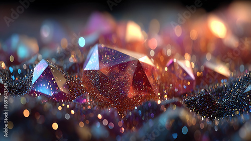 A stunning close-up of vibrant crystals glimmering with intricate detail, showcasing their unique shapes and colors.