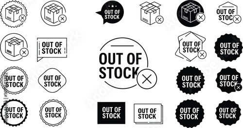 Out of stock icons, package symbols, inventory shortage, product unavailable, sold out labels, delivery delay, shipping alerts, stock notifications.