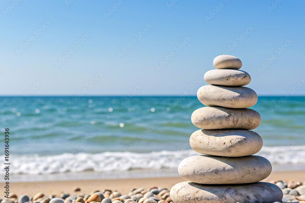 Fototapeta premium Stacked stones by the sea, with waves gently rolling on the beach
