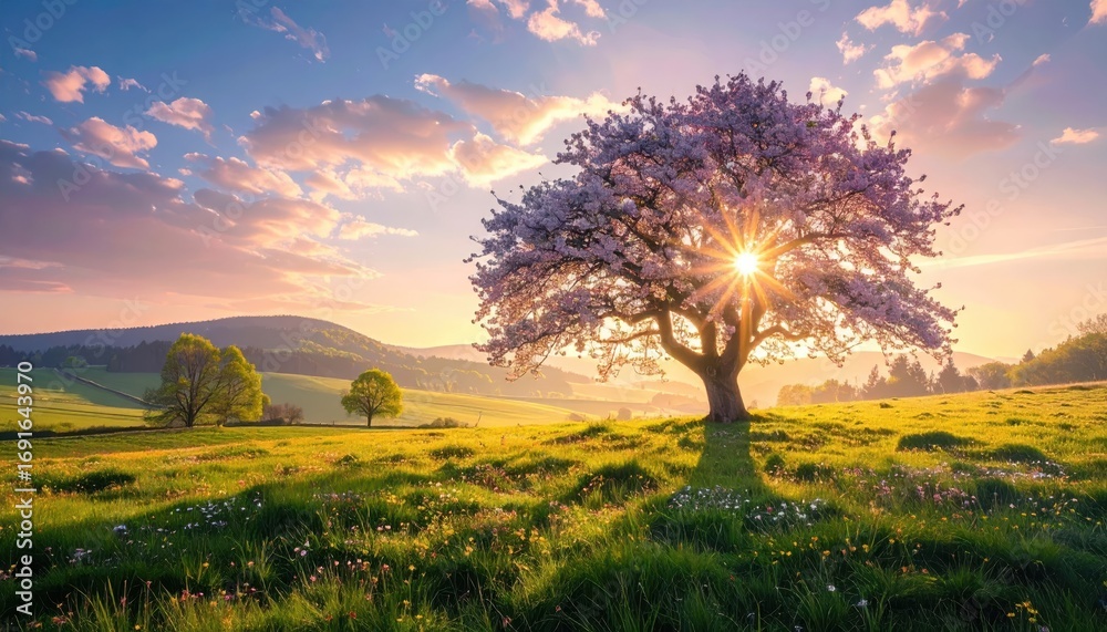 Fototapeta premium A blossoming tree stands tall in a sun-drenched meadow at sunrise, casting a peaceful and vibrant ambiance.