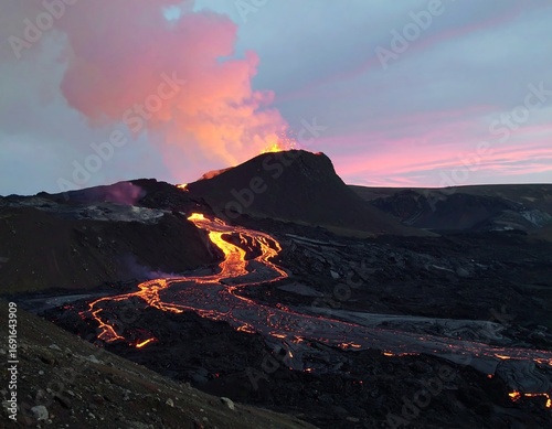 Erupting volcano at sunset, fiery lava flows