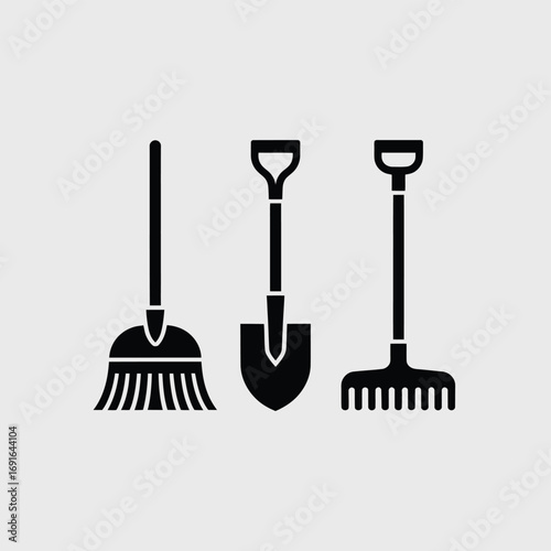 Black broom shovel rake garden cleaning tools garden tools