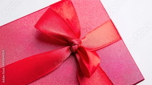 Red gift box with satin ribbon bow on white surface, highlighted by studio lighting for a festive touch.