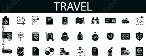 Travel & Tourism Icon Set – Silhouette Collection of Transportation, Navigation, and Safety Symbols for Apps, Guides, and Global Branding