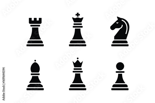 Black chess pieces icons rook king bishop knight queen pawn vector