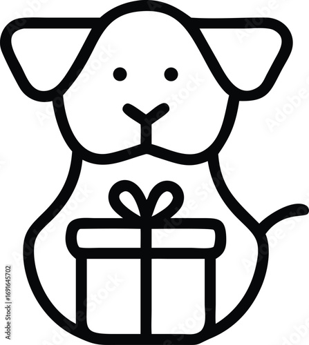 Simple outline drawing of a dog holding a gift box illustration