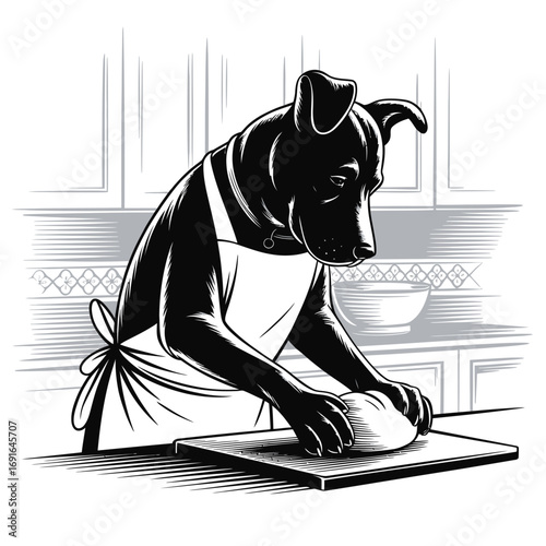 Black dog wearing apron kneading dough in kitchen white