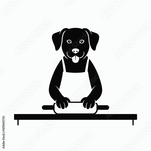 Black dog wearing apron rolling dough with rolling pin silhouette