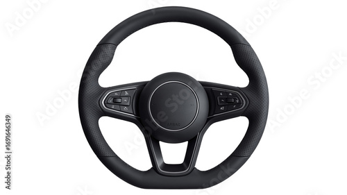 Modern black car steering wheel with perforated leather detail for driving