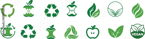 Set of a sustainability icon set featuring green arrows, leaves, and recycling symbols, vector illustration.