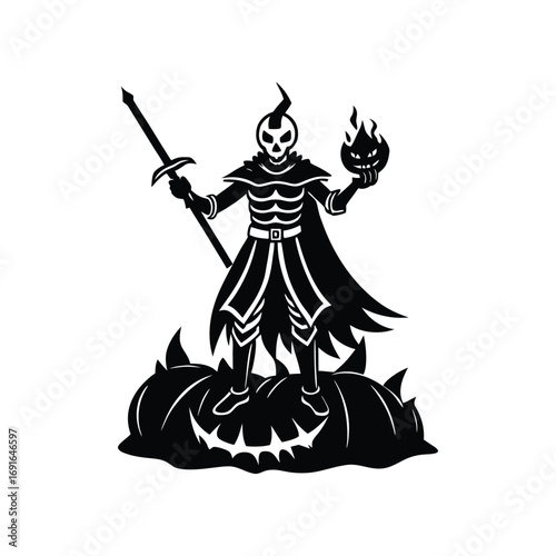 Vector art of silhouette of a skeleton warrior with a sword and flaming pumpkin head
