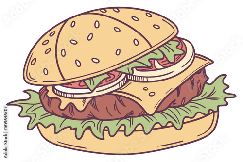 Cheeseburger with lettuce, tomato, and onion