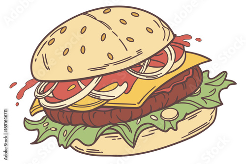 Juicy hamburger with lettuce, cheese, and tomato