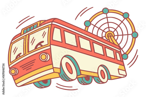 Red and white bus near a ferris wheel