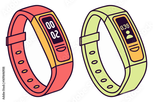 Two fitness trackers, one red and one green