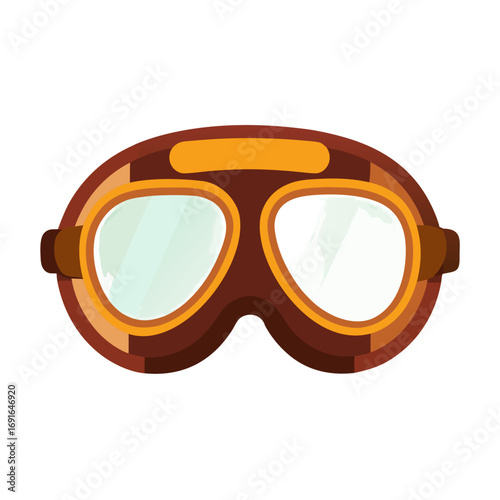 A pair of vintage-style aviation goggles with brown leather straps, orange frames, and clear glass lenses.