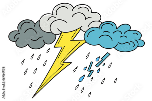 Storm clouds with rain and lightning bolt