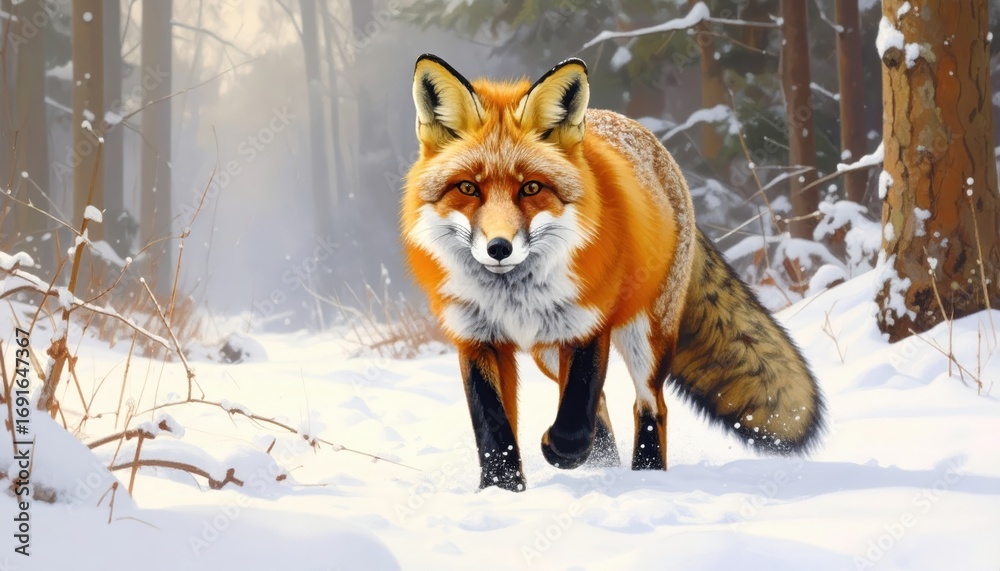 Obraz premium A vibrant red fox strides through a snowy forest, its fur detailed in a winter wonderland scene.