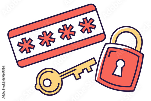 Password field with asterisks, padlock and key, security concept