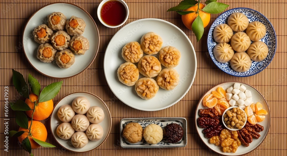 Fototapeta premium Assortment of Delicious Asian Dumplings and Treats.