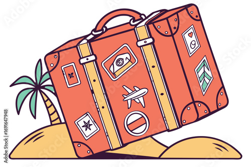 Suitcase on island with palm tree and travel stickers