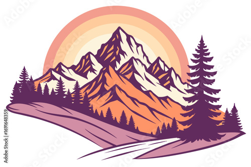 Stylized mountain range with sun and pine trees