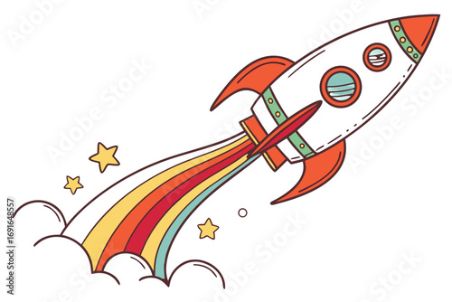 Colorful rocket ship launching with a rainbow stream