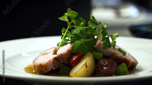 Gourmet dish plating with fresh herbs